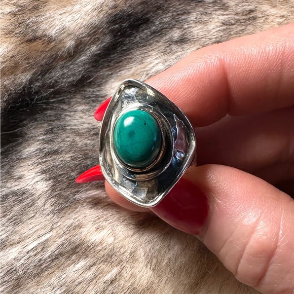 Hammered Sterling Silver & Bronze Bezel Malachite Statement Ring - Picture 8 of 12